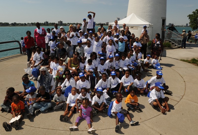 The crowd on a Kids Free Fishing Day on the Detroit River. Image courtesy Detroit Riverfront Conservancy.