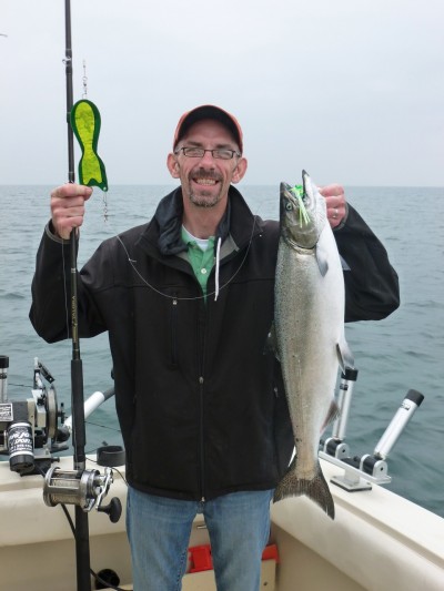 Aaron VanEck caught this, his first salmon, on a Spin Doctor flasher trailing a Rapture Fly.