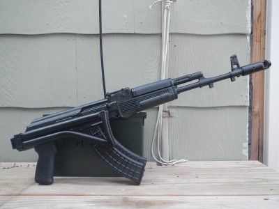 The SAM7SF with its stock folded. There is enough clearance between the folded stock and the receiver to allow the rifle's action to properly function.