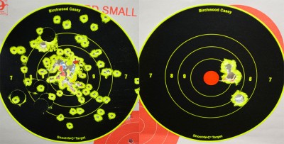 No. 6 shot on the left and a three-pellet 00 buck load on the right. Both shot from seven yards.