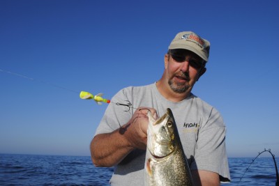 Don Carlsen with a lake trout taken near bottom with a dodger and whirlygig.