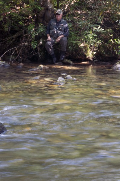 Arthur Farrell takes a break from fishing along a bank of the Davidson River.