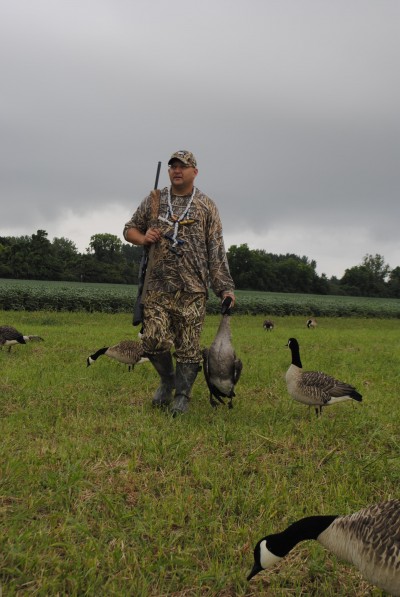 Joe Robison collects a Canada goose from the decoys.