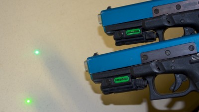 The LaserMax Native Green UNI-MAX (top) is noticeably brighter than traditional DPSS green laser light (bottom)