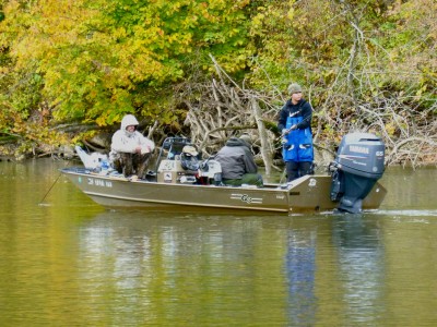 While the author’s friend Kevin Essenburg does well trolling for steelhead, other anglers on the Kalamazoo River do well by anchoring and float-fishing with spawn bags.