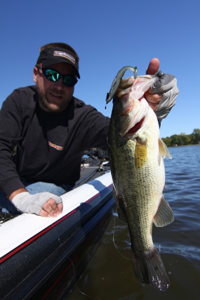 : Lindgren carries two “follow-up” rigs for fish that repeatedly blow up on frogs but don’t connect. A favorite is the nearly weed-proof DarkStar Swimmer swimbait rigged Texas-style on a keel-weighted EWG.
