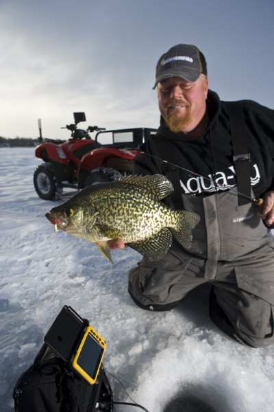 A perfect match: Humminbird sonar allowed Brian “Bro” Brosdahl to get his jigging spoon into the strike zone of this suspended crappie, while the Aqua-Vu underwater viewing system was just the ticket to seeing them strike in real time.