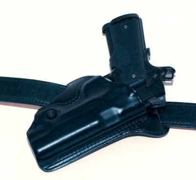 A holster with aggressive cant, or forward lean, can help with a lot of hiding as the grip is angled more vertically. Note how severe the cant is on this BLACKHAWK! Check-Six holster for a full-size 1911.