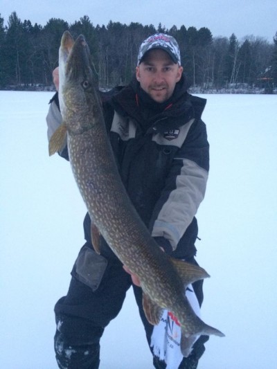 Tom Hicks, of Ashland, caught this dandy northern pike on the Pike Lake Chain in Bayfield County, Wisconsin. Photo courtesy of River Rock Inn and Bait, Ashland. (www.riverrockinn.net)