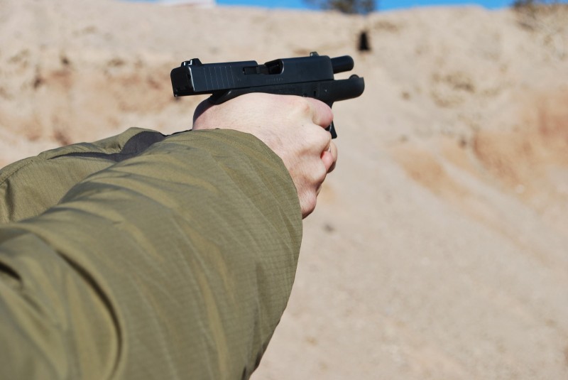 The Glock 42 mid-recoil.