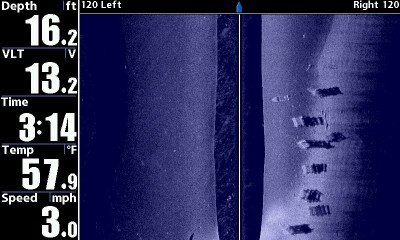 Preseason boat surveillance with Side Imaging reveals some remarkable hideouts, such as this string of sunken cribs and an old boat.
