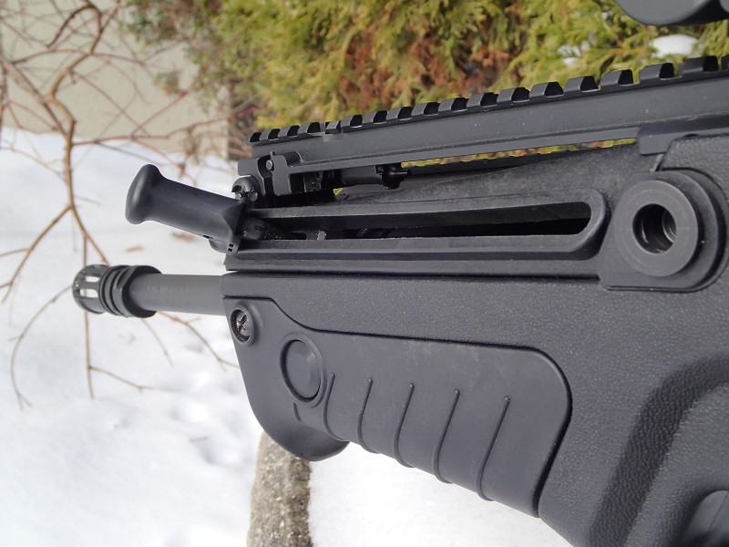 The Tavor's non-reciprocating charging handle, configured here for a right-handed user.