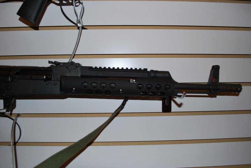 A close-up shot of Troy's railed AK gas block and short handguard.