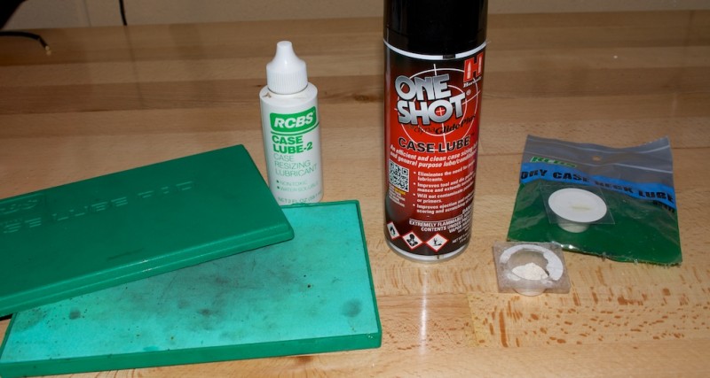 Case lubrication supplies, left to right: Case lube pad, Hornady One Shot case lube, mica dry case mouth lubricant.