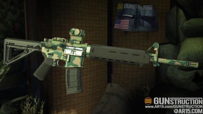 Gunstruction's Photo Mode has a number of different "rooms" for users to place their builds in for snazzy picture-taking. Seen here is my camo'd midlength AR in the "mountain lookout" preset.