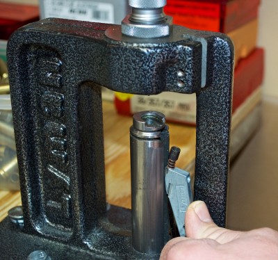Many simple reloading presses include a contraption for inserting primers. Image by Tom McHale.
