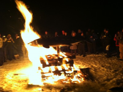 Fond du Lac's Sturgeon Stampede culminates in the burning of a wooden sturgeon replica. Image by K.J. Houtman.