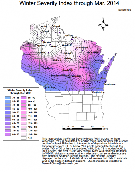 The WSI for northern Wisconsin during March 2014. The WSI for the southern part of the state is not shown on this map. Image courtesy Wisconsin DNR.