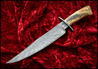 This one-of-a-kind 16-inch 416-layer Damascus American Bowie was forged by National Living Treasure and American Bladesmith Society Master Bladesmith Jerry Fisk.