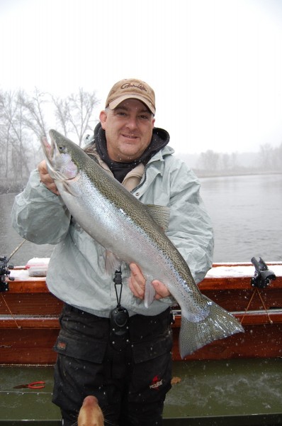 Captain Jay Frolenko with a fresh, chrome-colored steelhead on the Manistee River near Brethren, Michigan.
