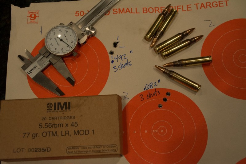 Of all the ammo the author tested in the M&P15 VTAC I, the IMI 77-grain performed the best, producing a sub-half-inch three-shot group.