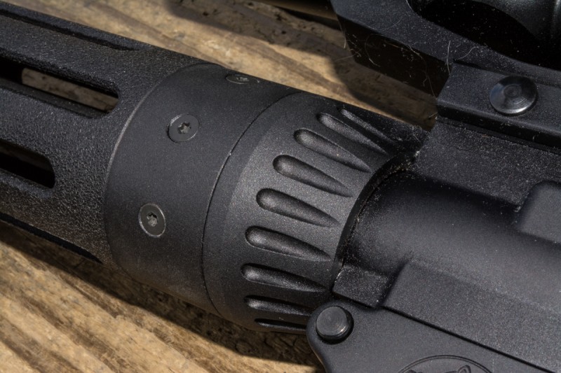 The M&P15 VTAC's handguard attaches straight to the receiver with a steel nut, yielding a free-floated barrel.