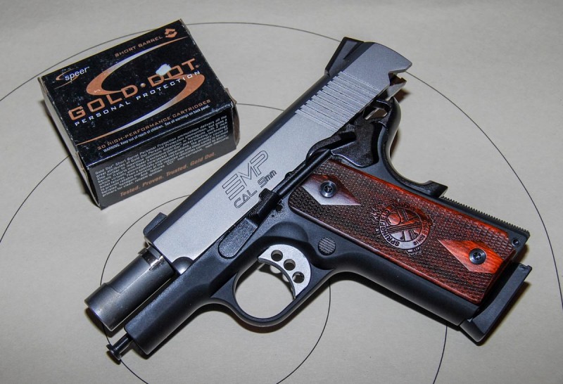 This compact 9x19mm, a Springfield Armory EMP, is a 1911 design even though it has an unconventional guide rod and no barrel bushing.