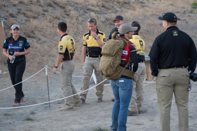 Those guys in the yellow shirts are from the Army Marksmanship Unit and they dominated. Not even Lena Miculek (left) could trash talk them off their game.