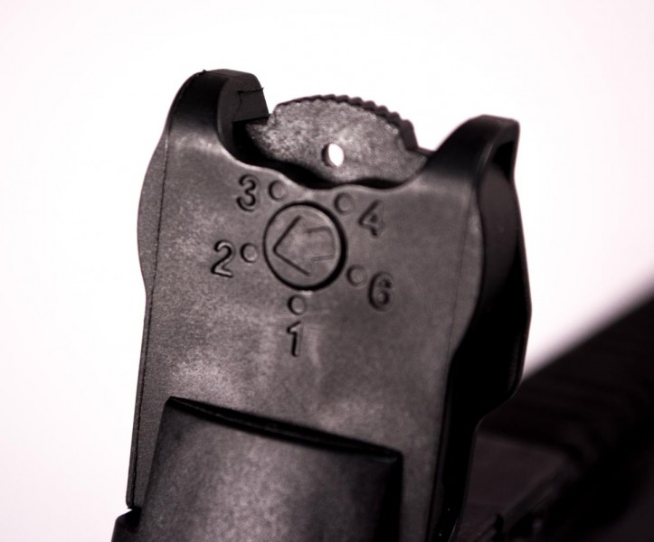 The ARX100 includes flip-up sights. The rear aperture has a dial offering 100- to 600-yard settings.