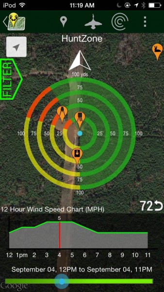 The HuntZone feature lets you know how the wind will disperse your scent across the land around your stand from given weather data.
