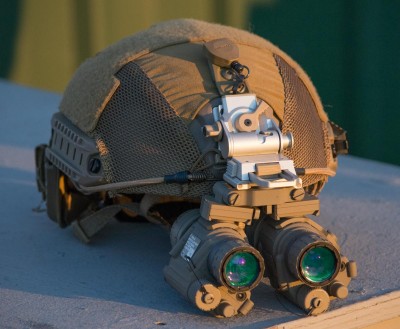The helmet requires a counterweight to balance out the dual monocular night vision system.