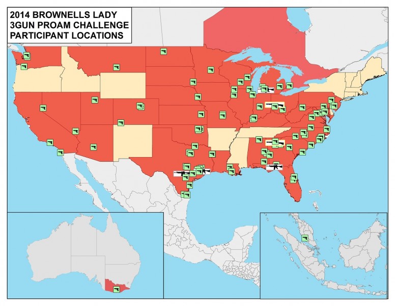 The Brownells Lady 3-Gun Participant Map. A handgun denotes one person, a shotgun two people, and an AR-15 three or more. Graphic by Cameron Eisenzimmer.