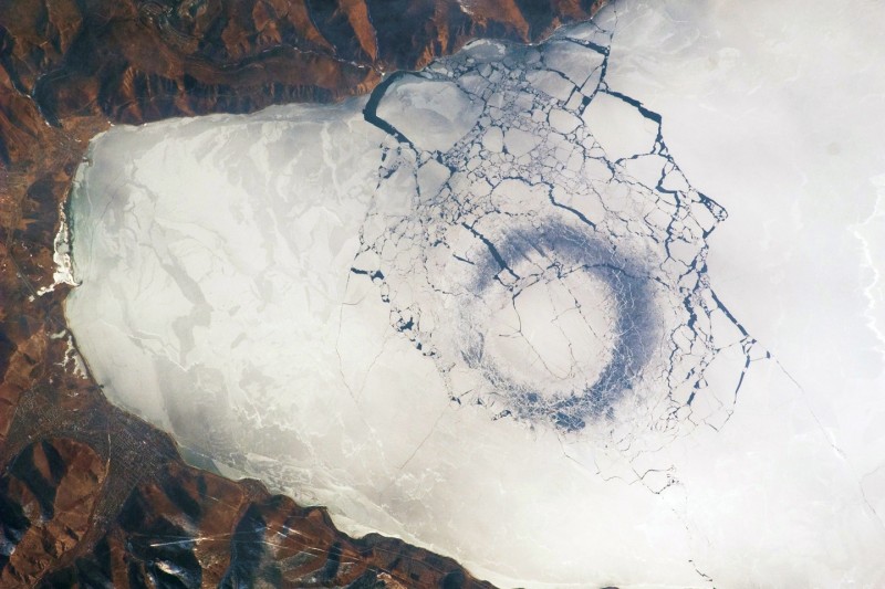Ice breaking in Lake Baikal. Image from NASA Earth Observatory. 