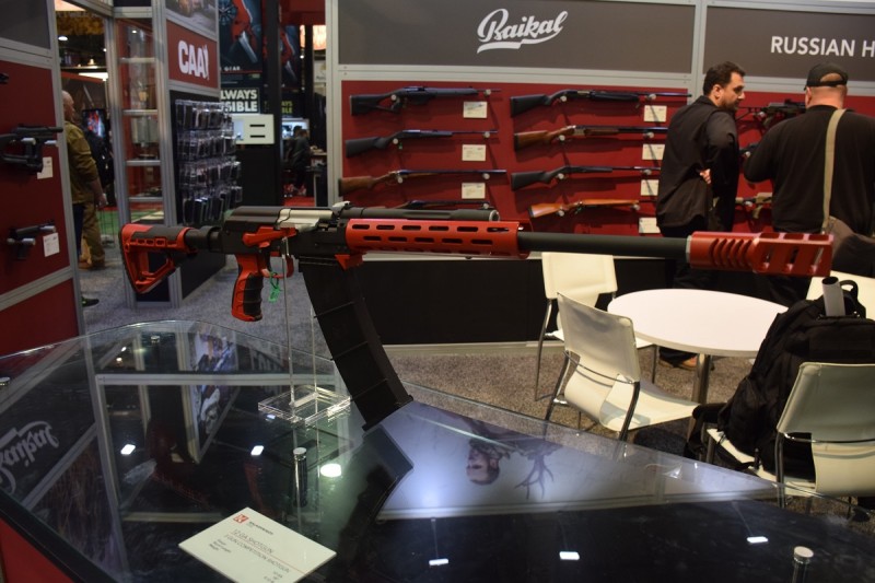 A Saiga shotgun customized for 3-gunning on display at the Kalashnikov USA booth.