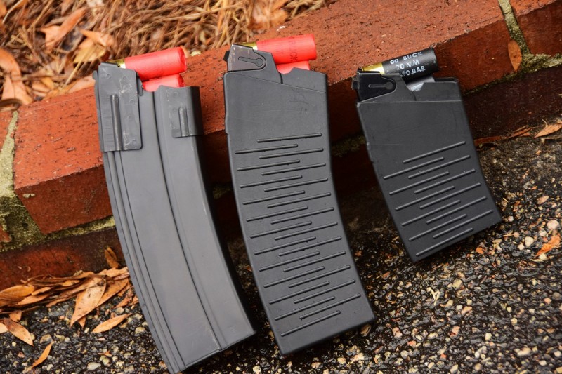 Russian-made magazines (center and right) for the Vepr 12 can be hard to find, but there are several manufacturers of US-made mags. The magazine on the left is made by CSSpecs and is all steel.
