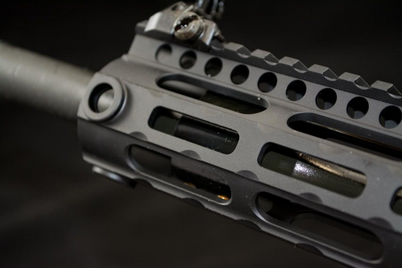 The 15-inch handguard is long enough to cover the mid-length gas system.
