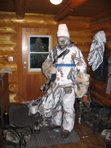 Bryce Olson, in full arctic hunting gear, returning from an excursion. Image courtesy Dennis Dunn.