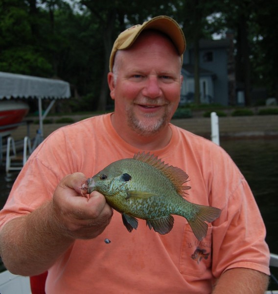 Panfish like this reader sunfish bite well in July just off the spawning flats.