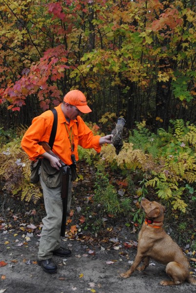 Fritz Heller admires a grouse retrieved for him by his Lab.