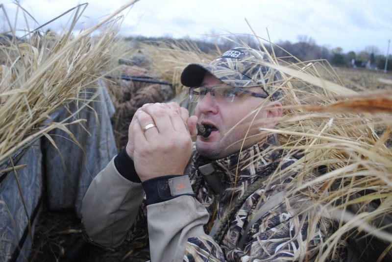 Joe Robison calls geese from an A-Frame blind.