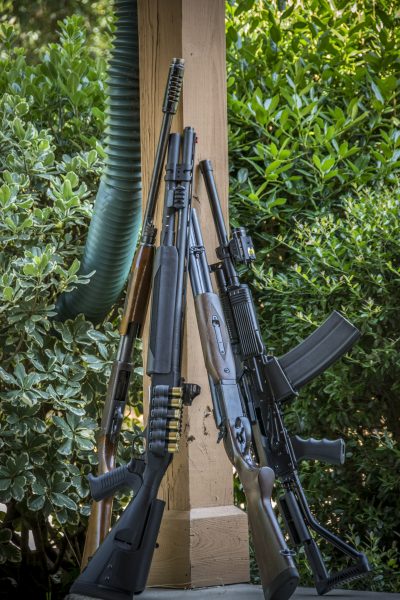 Old school meets modern, ­ an Ithaca M37, Mossberg 930 JM PRO, Century Arms JW2000 double-barrel shotgun and a Molot Vepr 12.