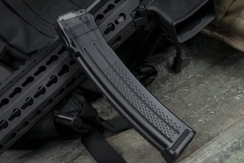 The MPX feeds from either 10-, 20- or 30-round translucent, high-density polymer magazines from Lancer, which feature metal reinforced feeding lips.