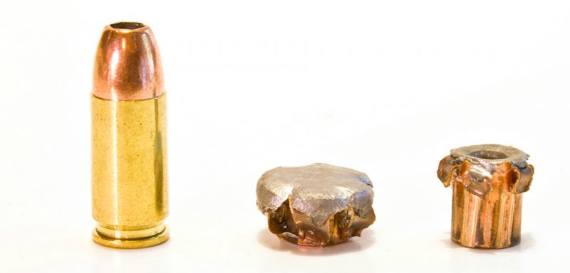 With some bullets, an extreme difference in kinetic energy can lead to an extreme difference in terminal performance and the way the bullet works. The 115-grain Remington, 9mm bullet on the left impacted with 50 percent more kinetic energy than the one on the right, but the bullet on the right penetrated 50 percent deeper.