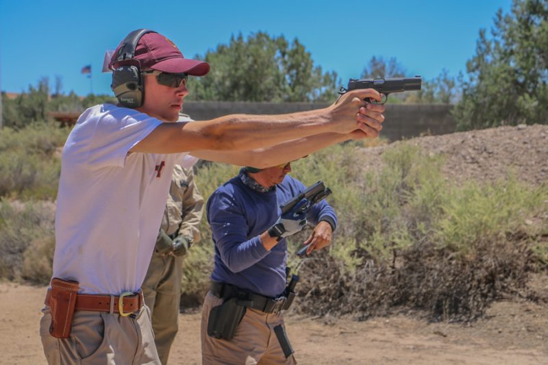 The head-to-head shoot-off at the end of the 250 Pistol Course at Gunsite makes students perform the skills they’ve learned under stress.