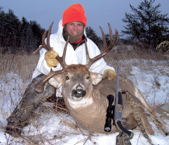 This Saskatchewan buck, nicknamed Kickstand because of his unique drop-tine, was shot just before sunset. The author stayed warm all day in crazy-cold conditions because of a Heater Body Suit.