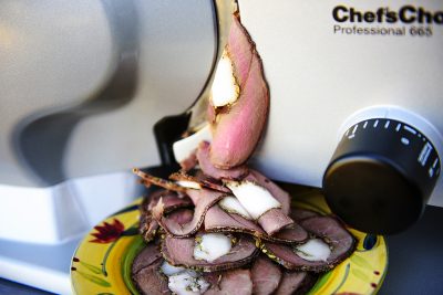The Chef’s Choice Pro 665 Slicer precisely shaves the flavorful meat with its serrated 8½-inch blade.